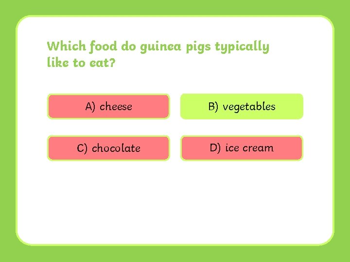 Which food do guinea pigs typically like to eat? A) cheese B) vegetables C)