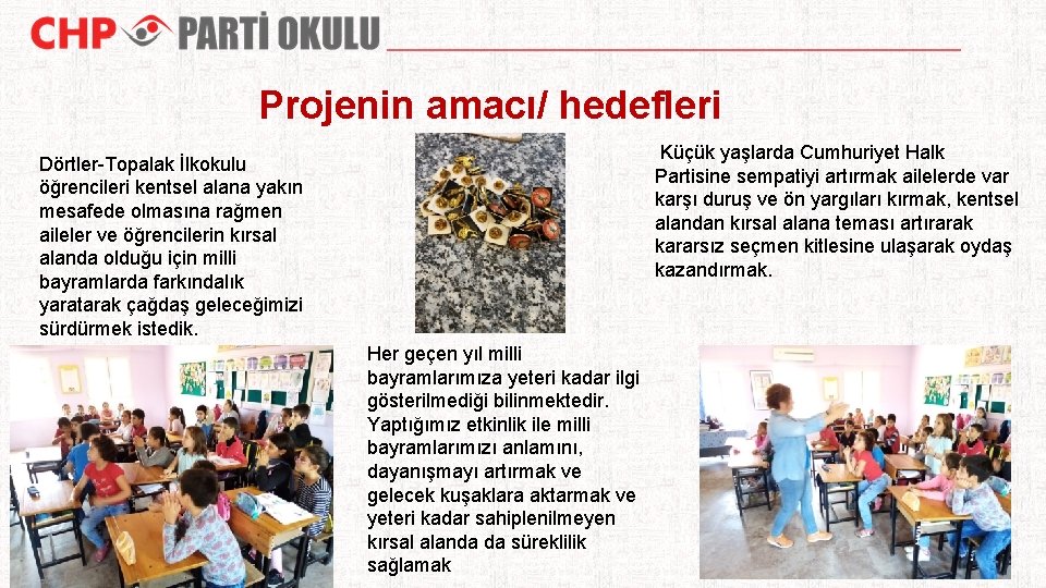 Projenin amacı/ hedefleri Küçük yaşlarda Cumhuriyet Halk Partisine sempatiyi artırmak ailelerde var karşı duruş