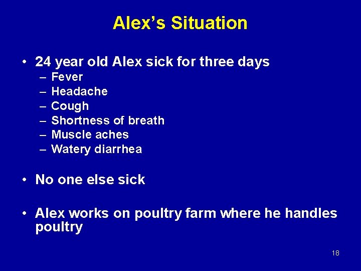 Alex’s Situation • 24 year old Alex sick for three days – – –