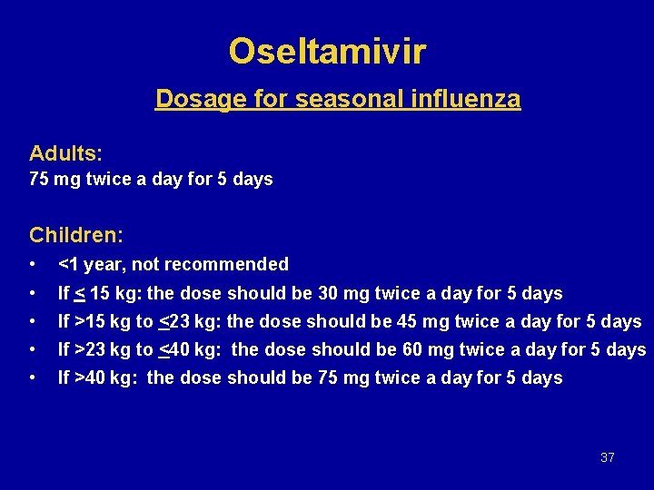 Oseltamivir Dosage for seasonal influenza Adults: 75 mg twice a day for 5 days