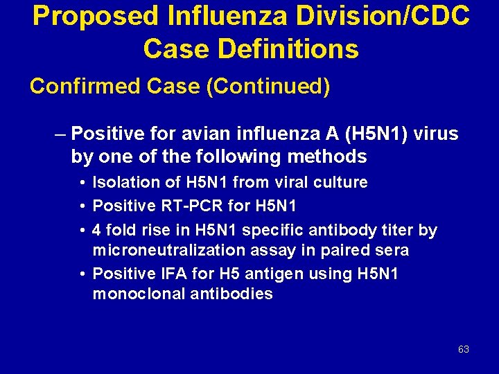 Proposed Influenza Division/CDC Case Definitions Confirmed Case (Continued) – Positive for avian influenza A