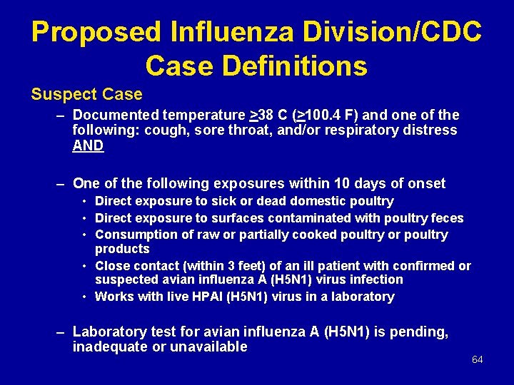 Proposed Influenza Division/CDC Case Definitions Suspect Case – Documented temperature >38 C (>100. 4