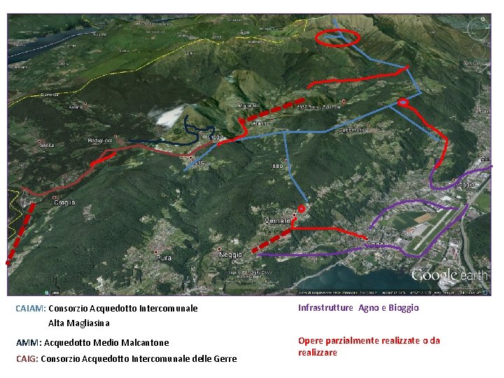 CAIAM: Consorzio Acquedotto Intercomunale Alta Magliasina Infrastrutture Agno e Bioggio AMM: Acquedotto Medio Malcantone