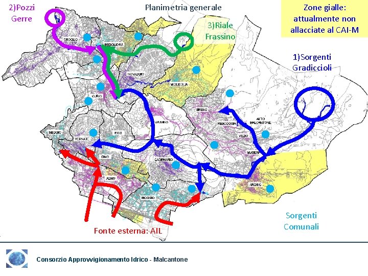 2)Pozzi Gerre Planimetria generale 3)Riale Frassino Zone gialle: attualmente non allacciate al CAI-M 1)Sorgenti