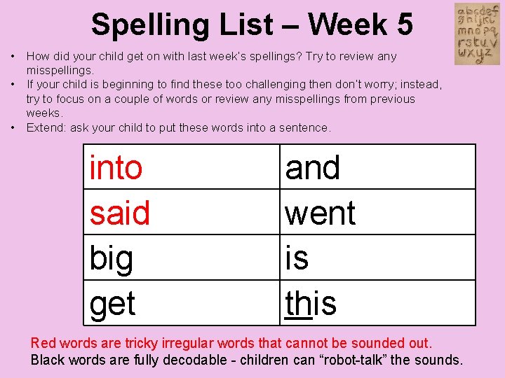 Spelling List – Week 5 • How did your child get on with last