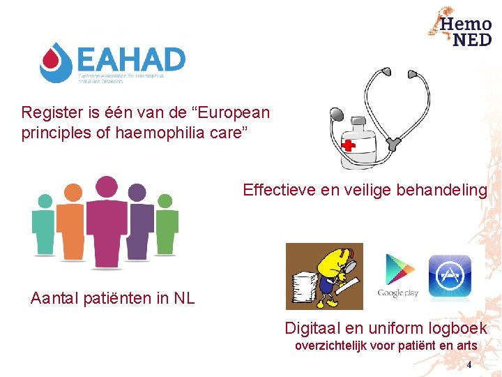Register is één van de “European principles of haemophilia care” Effectieve en veilige behandeling