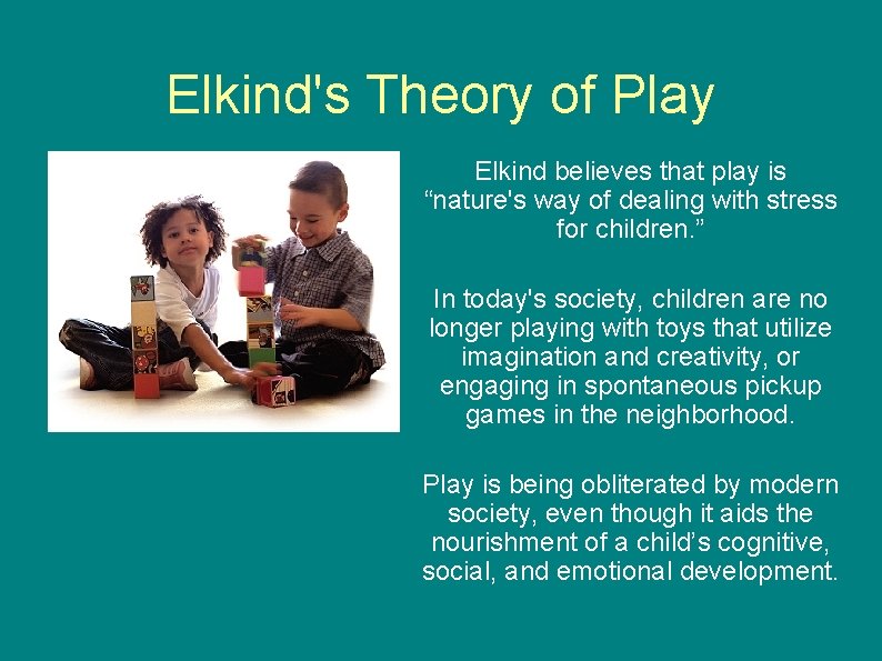 Elkind's Theory of Play Elkind believes that play is “nature's way of dealing with Elkind's Theory of Play Elkind believes that play is “nature's way of dealing with