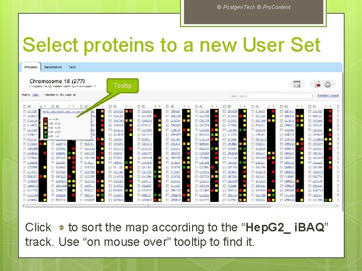 © Postgen. Tech © Pro. Content Select proteins to a new User Set Tooltip