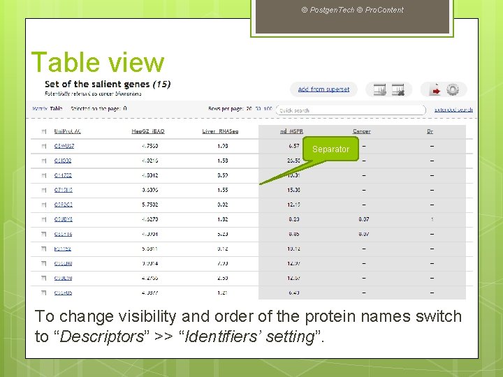 © Postgen. Tech © Pro. Content Table view Separator To change visibility and order