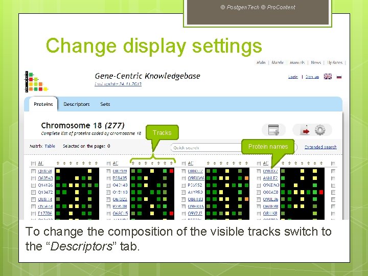 © Postgen. Tech © Pro. Content Change display settings Tracks Protein names To change