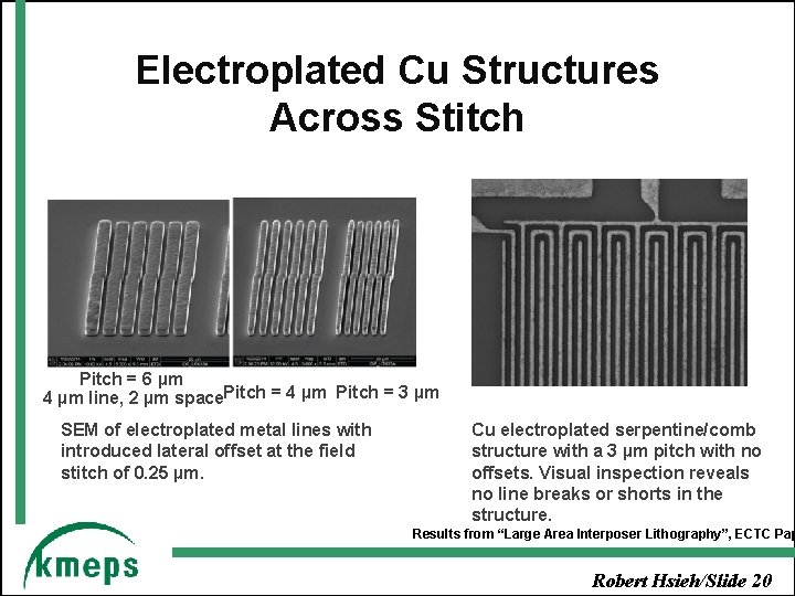 Electroplated Cu Structures Across Stitch Pitch = 6 µm 4 µm line, 2 µm