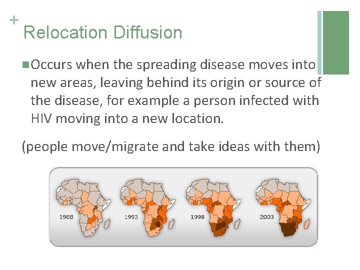 + Relocation Diffusion n Occurs when the spreading disease moves into new areas, leaving
