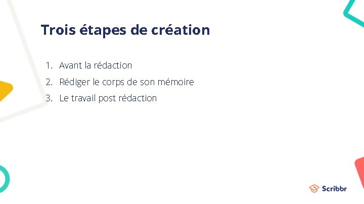 Trois étapes de création 1. Avant la rédaction 2. Rédiger le corps de son