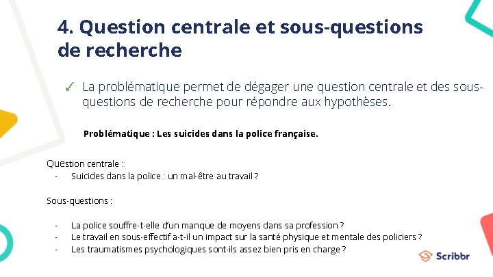 4. Question centrale et sous-questions de recherche ✓ La problématique permet de dégager une