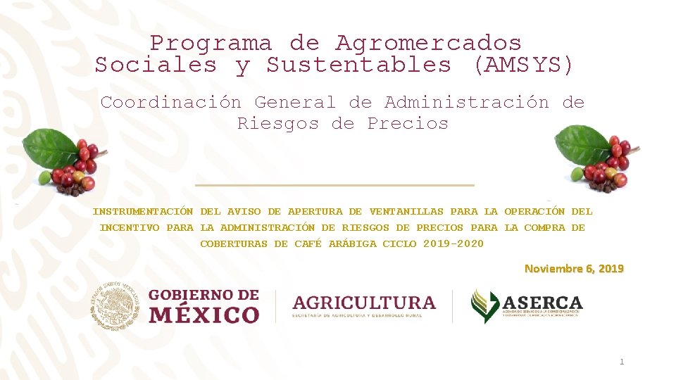 Programa de Agromercados Sociales y Sustentables (AMSYS) Coordinación General de Administración de Riesgos de