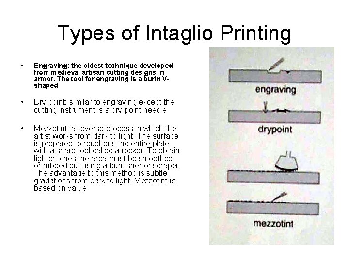 Types of Intaglio Printing • Engraving: the oldest technique developed from medieval artisan cutting