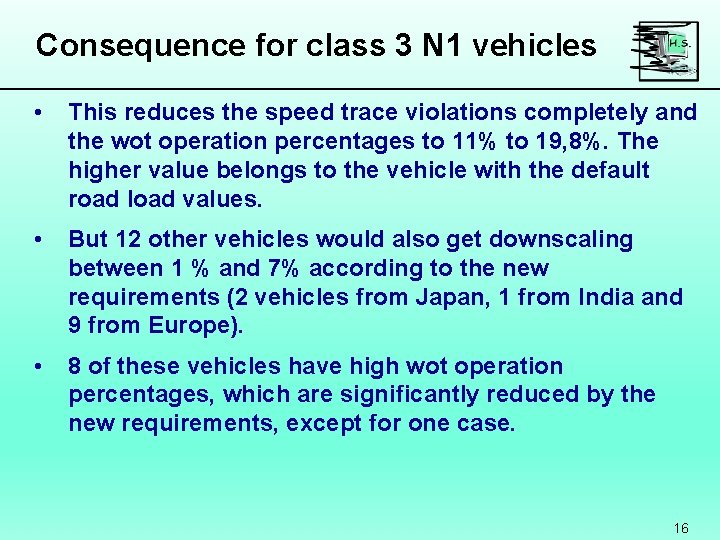 Consequence for class 3 N 1 vehicles • This reduces the speed trace violations