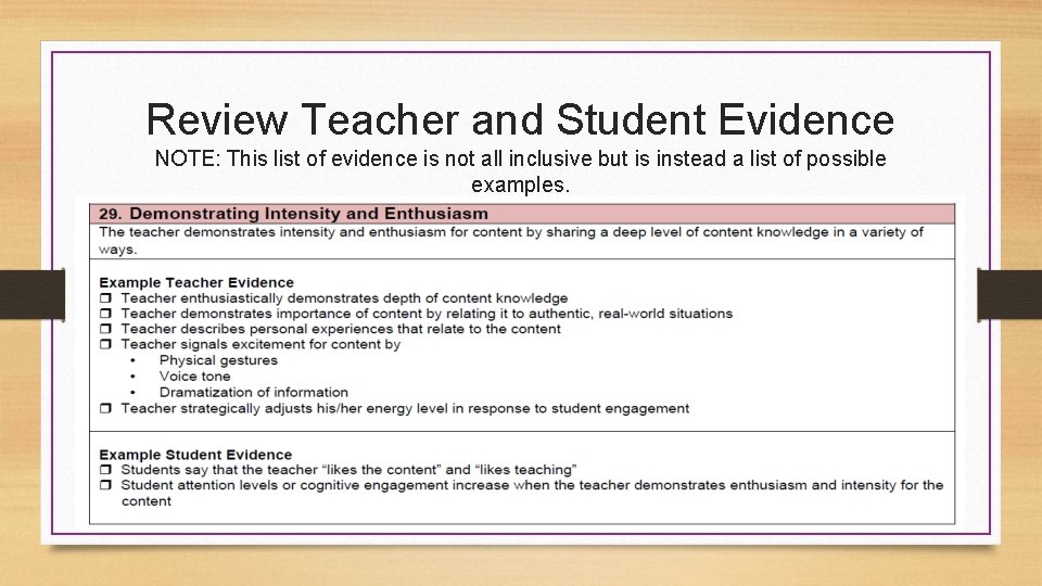 Review Teacher and Student Evidence NOTE: This list of evidence is not all inclusive