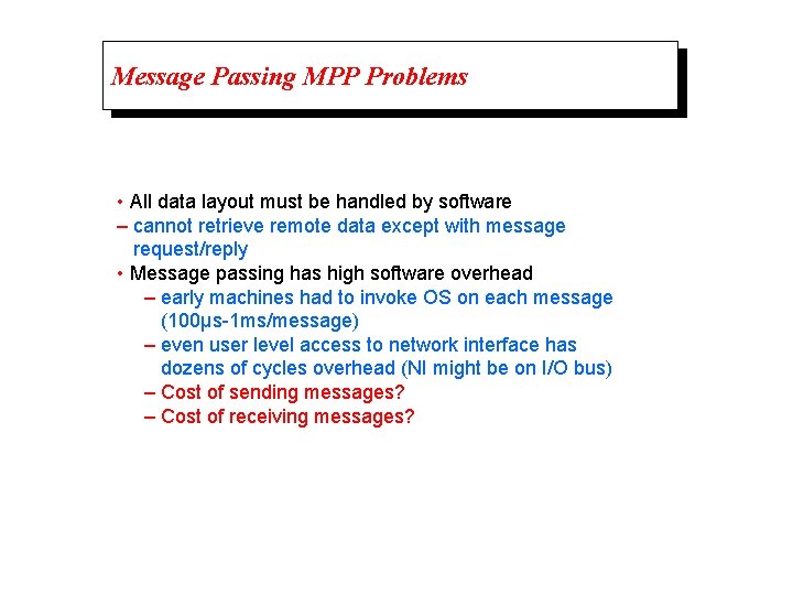 Message Passing MPP Problems • All data layout must be handled by software –