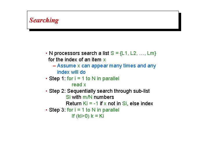 Searching • N processors search a list S = {L 1, L 2, …,