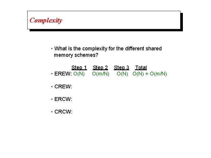 Complexity • What is the complexity for the different shared memory schemes? Step 1