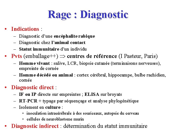 Rage : Diagnostic • Indications : – Diagnostic d’une encéphalite rabique – Diagnostic chez