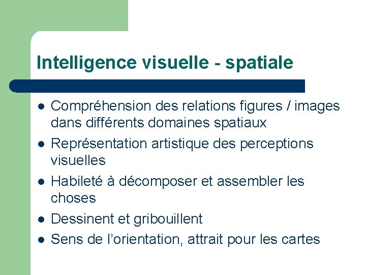 Intelligence visuelle - spatiale Compréhension des relations figures / images dans différents domaines spatiaux