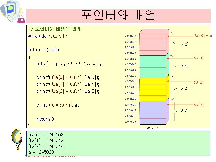 포인터와 배열 // 포인터와 배열의 관계 #include <stdio. h> int main(void) { int a[]