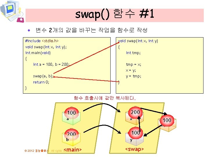 swap() 함수 #1 · 변수 2개의 값을 바꾸는 작업을 함수로 작성 #include <stdio. h>