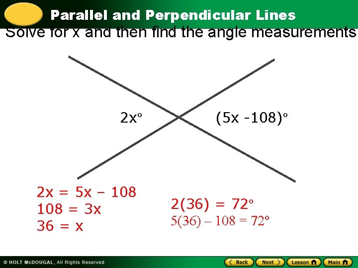 Parallel and Perpendicular Lines Solve for x and then find the angle measurements. 2 Parallel and Perpendicular Lines Solve for x and then find the angle measurements. 2