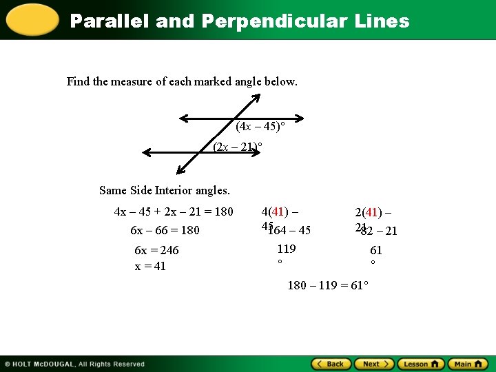 Parallel and Perpendicular Lines Find the measure of each marked angle below. (4 x Parallel and Perpendicular Lines Find the measure of each marked angle below. (4 x