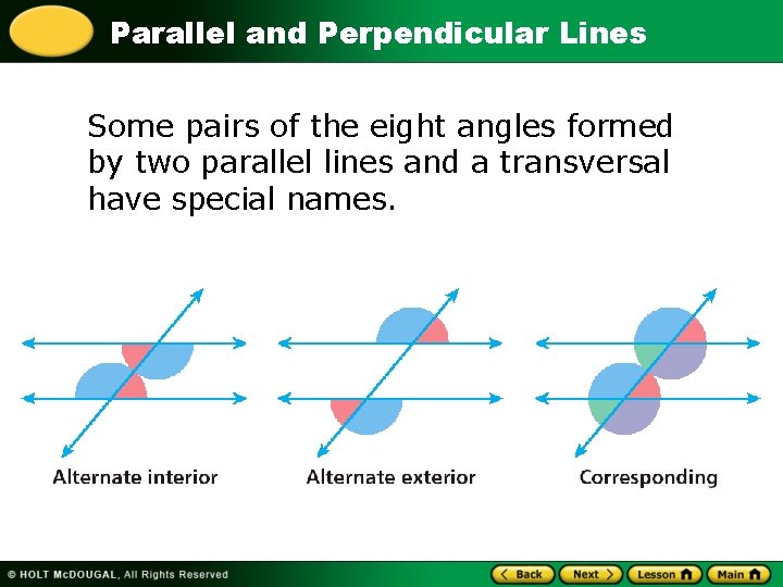 Parallel and Perpendicular Lines Some pairs of the eight angles formed by two parallel Parallel and Perpendicular Lines Some pairs of the eight angles formed by two parallel