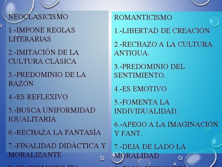 NEOCLASICISMO ROMANTICISMO 1. -IMPONE REGLAS LITERARIAS 1. -LIBERTAD DE CREACIÓN 2. -IMITACIÓN DE LA