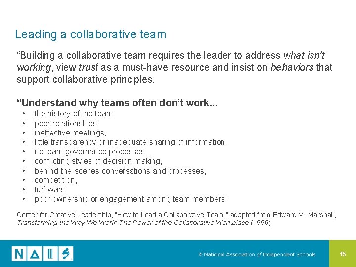 Leading a collaborative team “Building a collaborative team requires the leader to address what