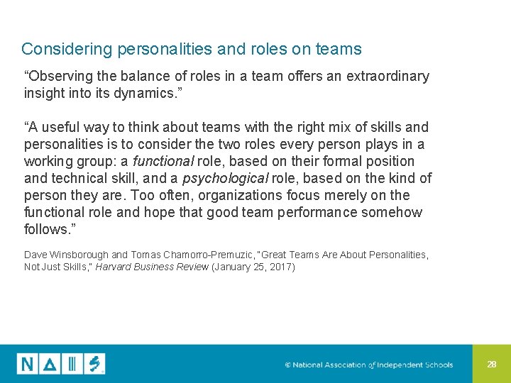 Considering personalities and roles on teams “Observing the balance of roles in a team