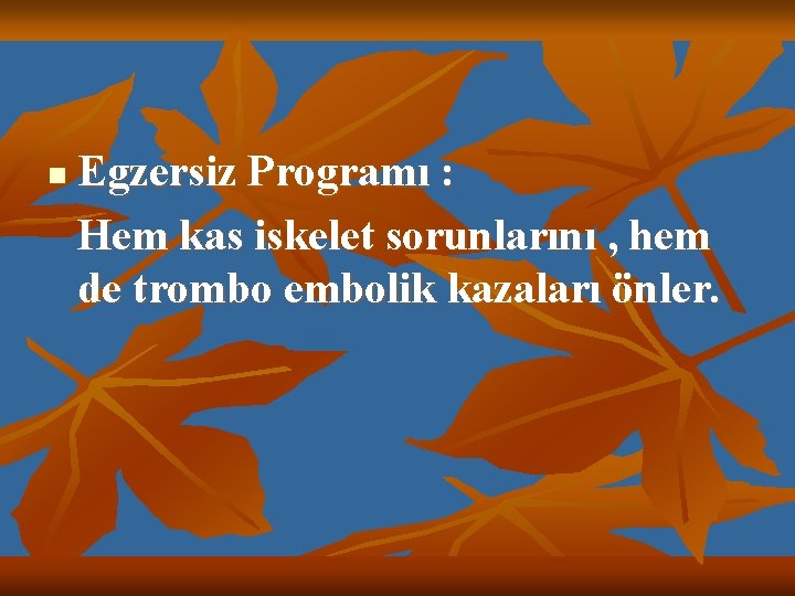 n Egzersiz Programı : Hem kas iskelet sorunlarını , hem de trombo embolik kazaları