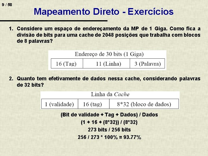 9 / 58 Mapeamento Direto - Exercícios 1. Considere um espaço de endereçamento da