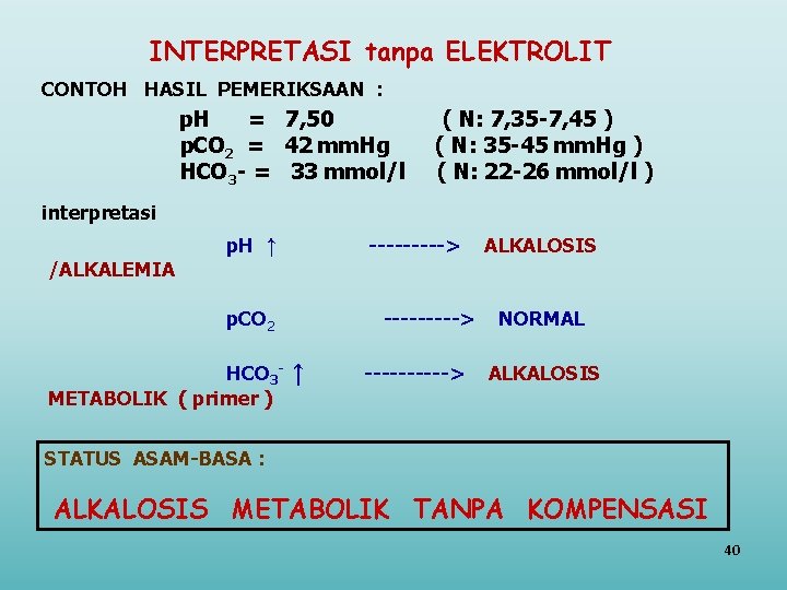 INTERPRETASI tanpa ELEKTROLIT CONTOH HASIL PEMERIKSAAN : p. H = 7, 50 p. CO