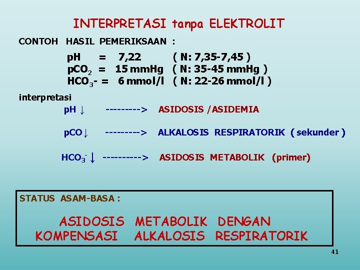 INTERPRETASI tanpa ELEKTROLIT CONTOH HASIL PEMERIKSAAN : p. H = 7, 22 ( N: