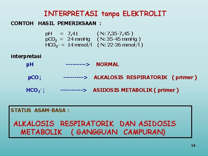 INTERPRETASI tanpa ELEKTROLIT CONTOH HASIL PEMERIKSAAN : p. H = 7, 41 p. CO