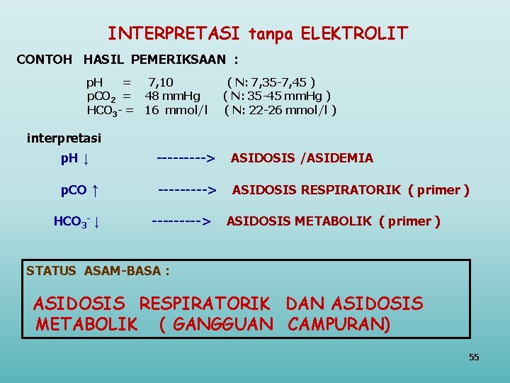 INTERPRETASI tanpa ELEKTROLIT CONTOH HASIL PEMERIKSAAN : p. H = 7, 10 p. CO