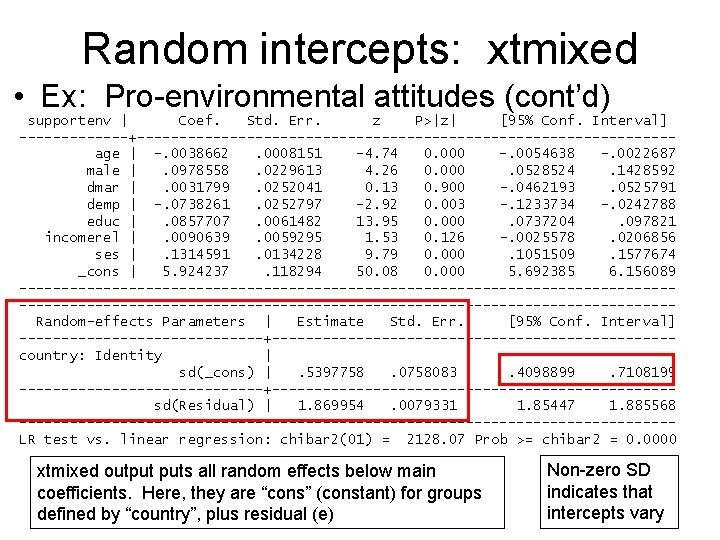 Random intercepts: xtmixed • Ex: Pro-environmental attitudes (cont’d) supportenv | Coef. Std. Err. z