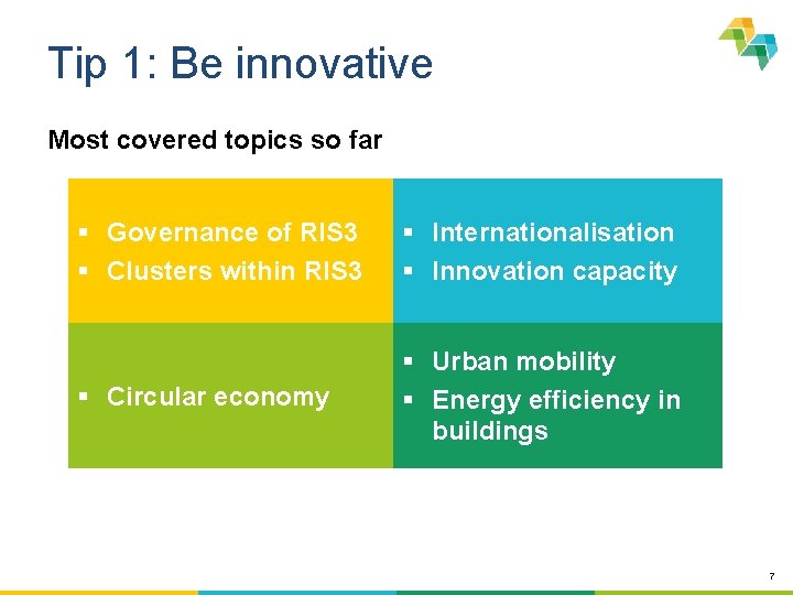 Tip 1: Be innovative Most covered topics so far § Governance of RIS 3