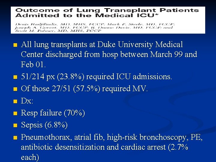 n n n n All lung transplants at Duke University Medical Center discharged from