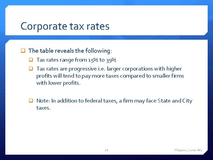 Corporate tax rates The table reveals the following: Tax rates range from 15% to