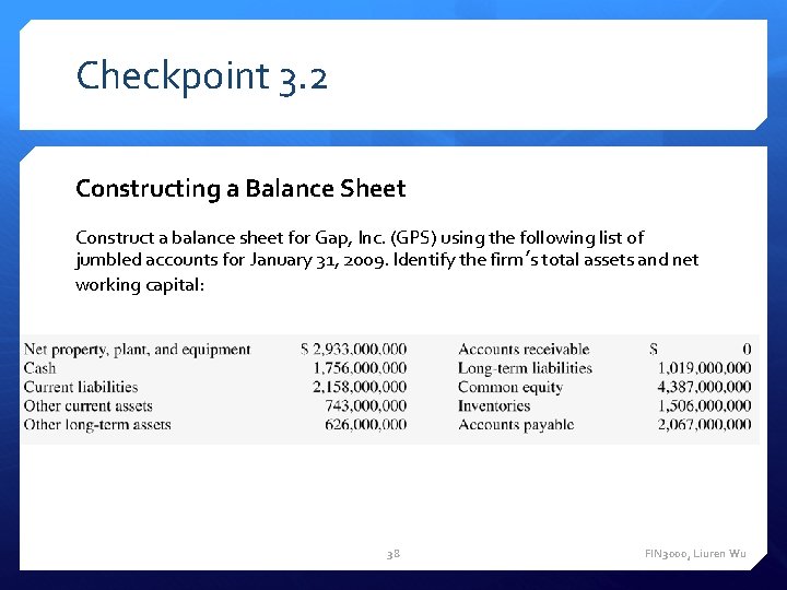 Checkpoint 3. 2 Constructing a Balance Sheet Construct a balance sheet for Gap, Inc.