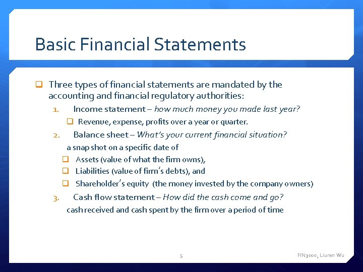 Basic Financial Statements Three types of financial statements are mandated by the accounting and