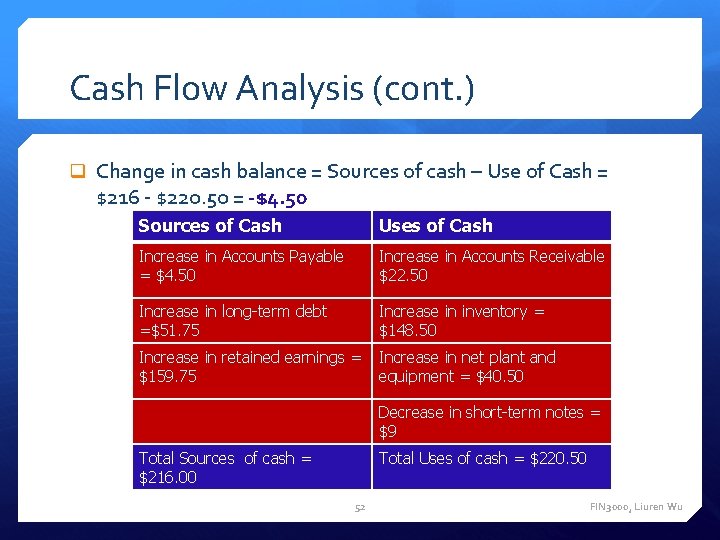 Cash Flow Analysis (cont. ) Change in cash balance = Sources of cash –