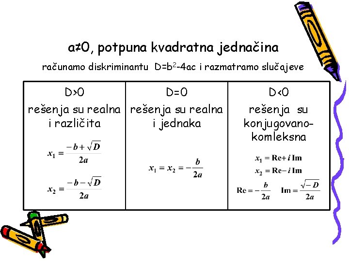 a≠ 0, potpuna kvadratna jednačina računamo diskriminantu D=b 2 -4 ac i razmatramo slučajeve
