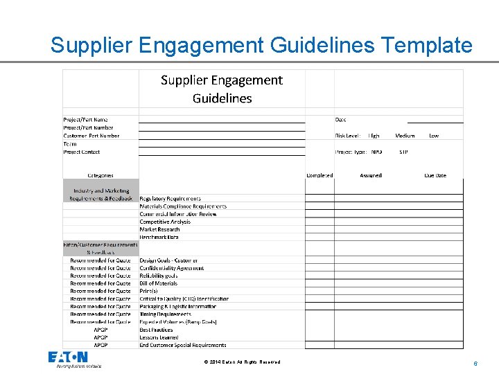 Supplier Engagement Guidelines Template © 2014 Eaton. All Rights Reserved. . 6 